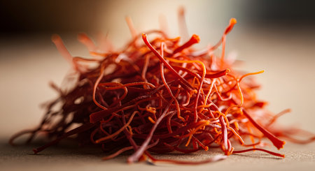 Close up of red saffron threads on wooden table. Shallow depth of fieldの素材