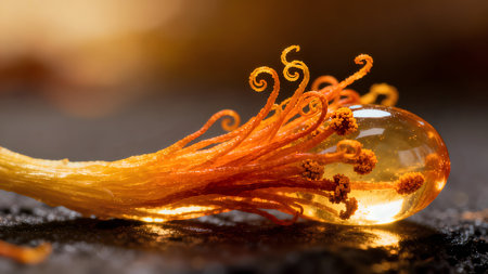 Close up of orange flower on black stone background. Macro shot.の素材