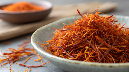 Saffron threads in bowl on grey table, closeup viewの素材