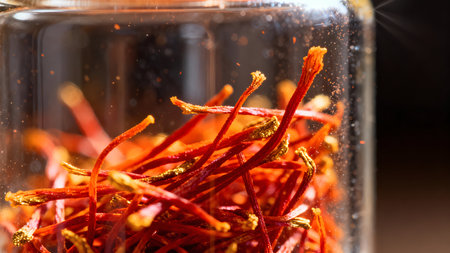 Saffron spice in a glass jar. Macro shot with shallow depth of fieldの素材