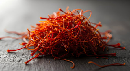 Pile of saffron threads on dark background, closeupの素材