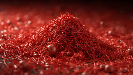 Close up of red christmas tinsel on a red background.の素材