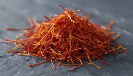 Pile of saffron threads on dark background, closeupの素材
