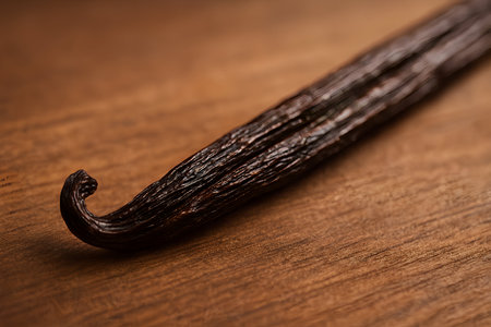 Vanilla pods on wooden background, close-up, selective focusの素材