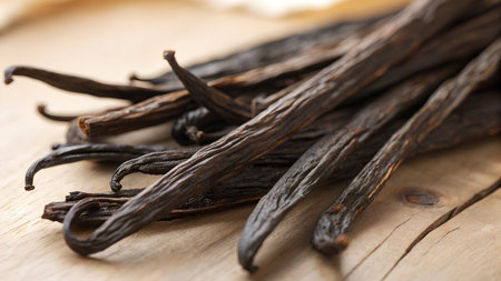 Dried vanilla beans on wooden table, closeup. Alternative medicineの素材