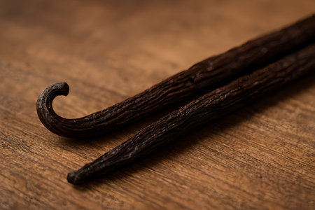 Vanilla pods on a wooden background, close-up, selective focusの素材