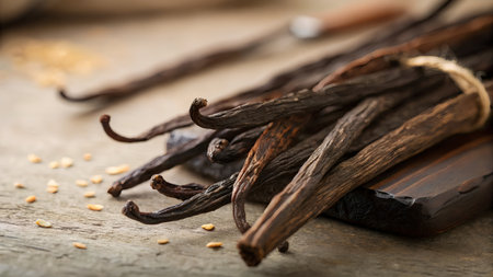vanilla pods on rustic wooden background, closeup view.の素材