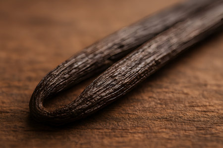 Vanilla pods on wooden background, close up shot with selective focusの素材