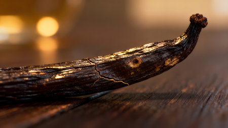 Vanilla pods and glass of beer on wooden table, close upの素材