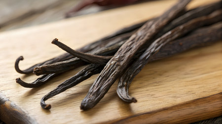 Dried vanilla pods on cutting board, closeup. Food ingredientsの素材