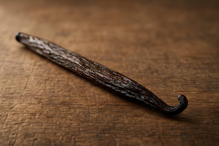 Vanilla pods on wooden background, close-up, selective focusの素材