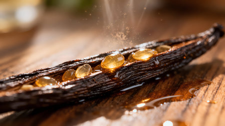 Dried vanilla beans on a wooden table, close-up.の素材