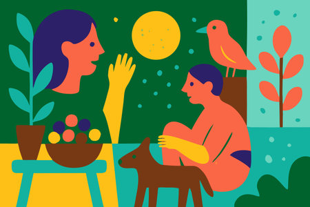 Couple in love sitting at the table with a dog and a bird. Vector illustrationのイラスト素材