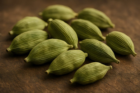 Green cardamom pods on wooden background. Selective focus.の素材