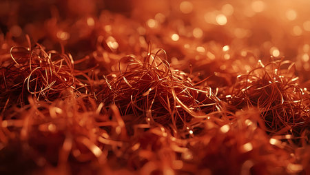 abstract background of orange christmas tinsel with shallow depth of fieldの素材