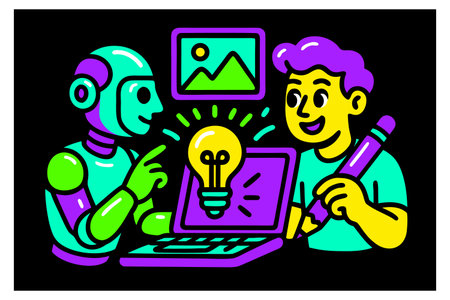 Illustration of a group of people working on a laptop and a light bulb
