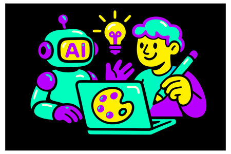 Vector illustration of a robot working on a laptop with human characters.
