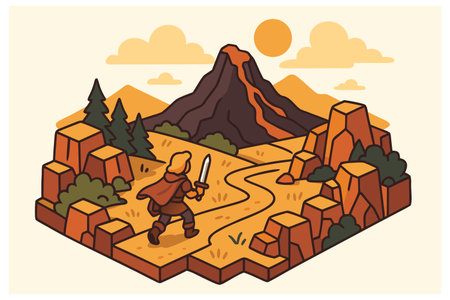 Medieval knight with sword and shield in the mountains. Vector illustrationのイラスト素材