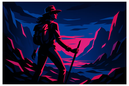 Hiking in the mountains. Vector illustration of a man with a backpack.のイラスト素材