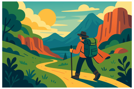 Hiking in the mountains. A man with a backpack walks along the path. Vector illustrationのイラスト素材