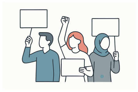 Protest people holding placards. Activists with signs. Demonstration, demonstration, strike. Vector illustrationのイラスト素材