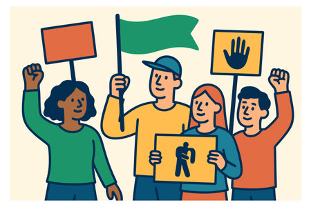 Protest people with banners and flags. Vector illustration in flat styleのイラスト素材