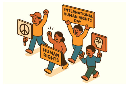 Protester with placard and human rights symbols, flat vector illustration.のイラスト素材