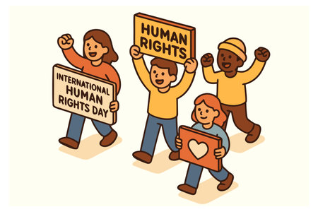 Group of people holding placards with human rights slogan. Vector illustration.のイラスト素材