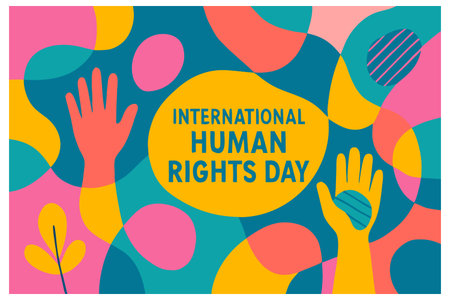 International Human Right Day. Vector greeting card template with hand and abstract background.のイラスト素材