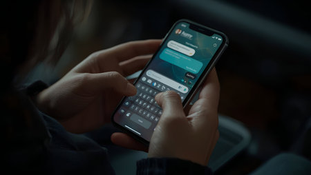 Close up of female hands using mobile phone with social network app on screenの素材