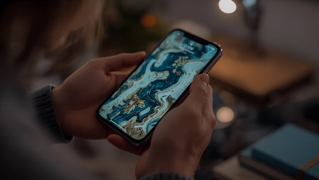 Close-up of female hands holding smartphone with blue screen in cafeの素材