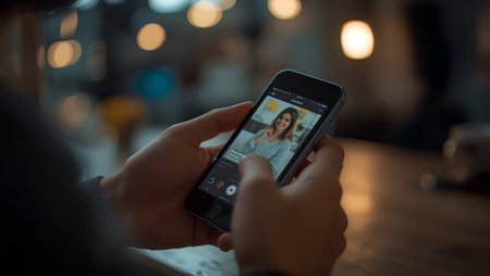 Close up of woman using mobile smart phone in bed at home.の素材