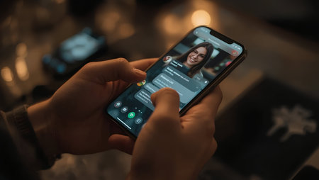close up of a man using a smart phone in a dark roomの素材