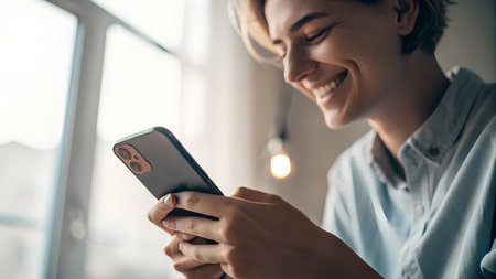 Close up of cheerful young man using mobile phone while sitting at homeの素材