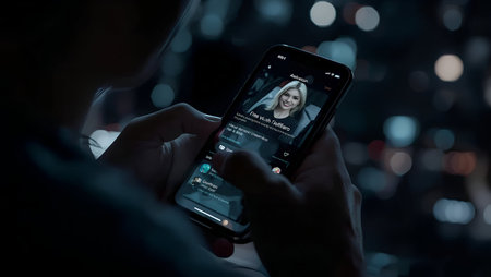 Woman using a smart phone in the city at night. She is holding a smartphone with an online dating app.の素材