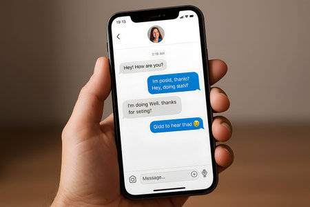 Man hand holding Apple iPhone X with Facebook messenger app on the screen. Facebook is an American social networking service.の素材