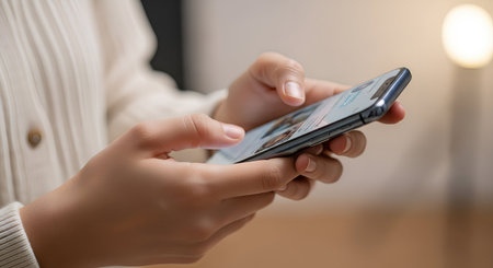 Woman using mobile smart phone at home. Close up of female hands holding smartphone.の素材