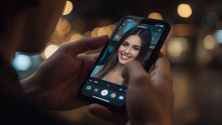 Close-up of female hands holding smartphone with video chat on screenの素材
