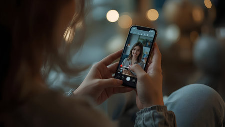 Close-up of female hands holding smartphone and making photo of young beautiful woman.の素材