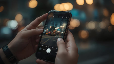 Woman using a smart phone in a city at night with traffic lightsの素材