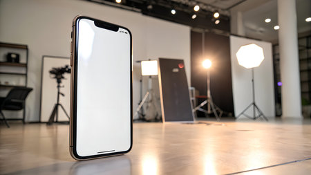 Mockup image of smartphone with blank white screen on blurred photo studio backgroundの素材
