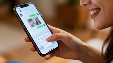 Close up of young woman using her mobile phone. All screen graphics are made up.の素材