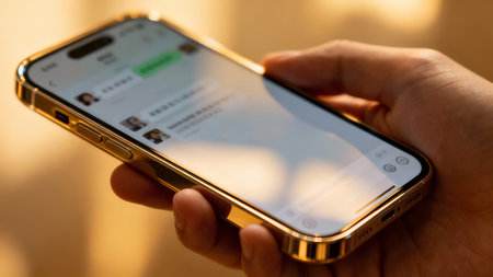 Close up of a man's hand holding a mobile smart phone.の素材