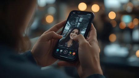 Close up of female hands holding mobile phone with video call on screenの素材