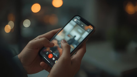 Close-up of man using mobile phone in coffee shop at nightの素材