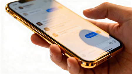 Man hand holding iPhone X with Facebook Messenger app on the screen. Facebook Messenger is a social networking and messaging app.の素材