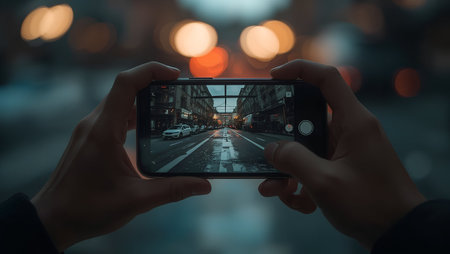 Woman taking a photo of a city street at night with mobile phoneの素材