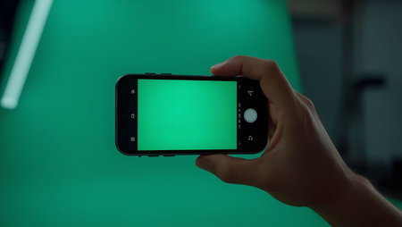 Smartphone with a green screen in hand. Close-up.の素材