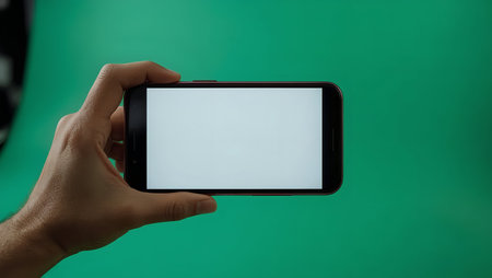 male hand holding a smartphone with white screen on a green background.の素材