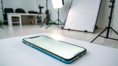 Smartphone on a white table in the photo studio with lighting equipmentの素材